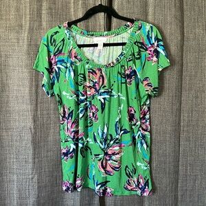 Jaclyn smith green watercolor blouse round neck with pleated neckline size large